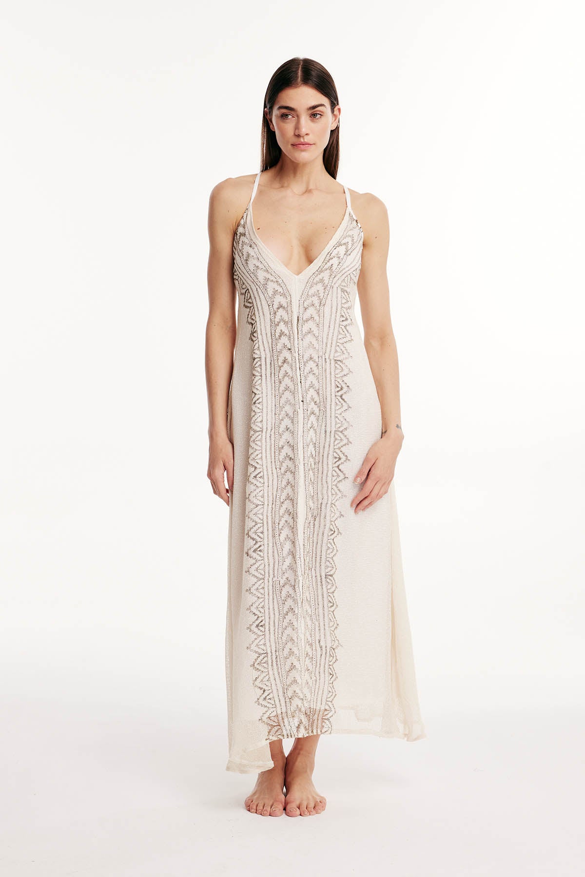 White Linen Maxi Dress – Thin Straps, Bohemian Design with Ethnic Patterns