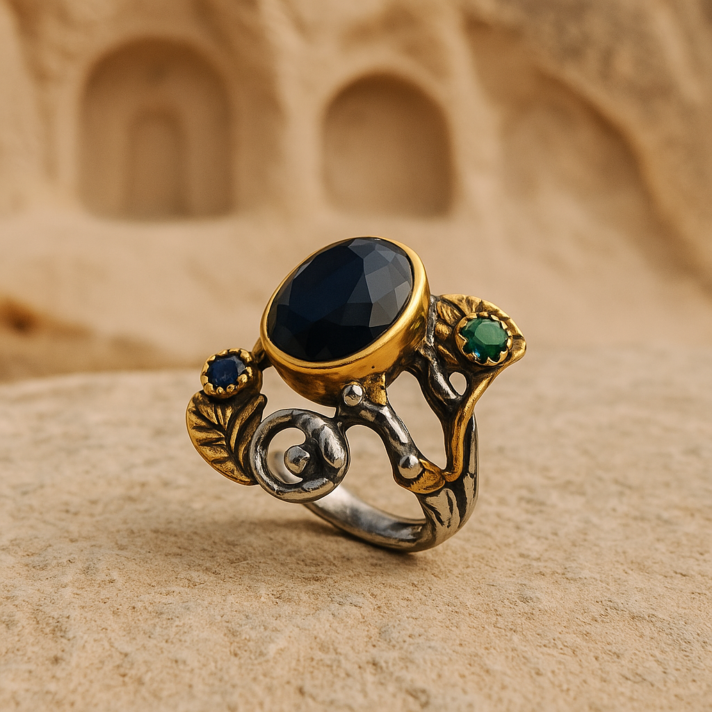925 Ayar Gümüş Lapis Lazuli, Zümrüt ve Safir Taşlı Yüzük – El İşçiliği Doğal Taş Tasarım